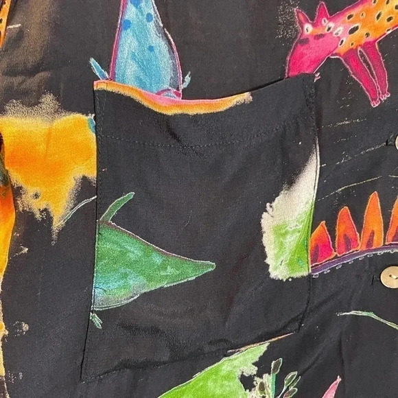 Vtg Coldwater Creek Button Shirt Black Multi Wildlife Art to Wear Sz PL Petite - Picture 7 of 7